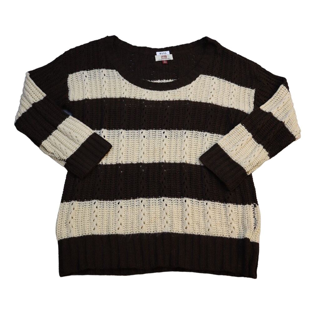 LEI Sweater Juniors XL Cream Brown Striped Long Sleeve Casual Scoop Neck